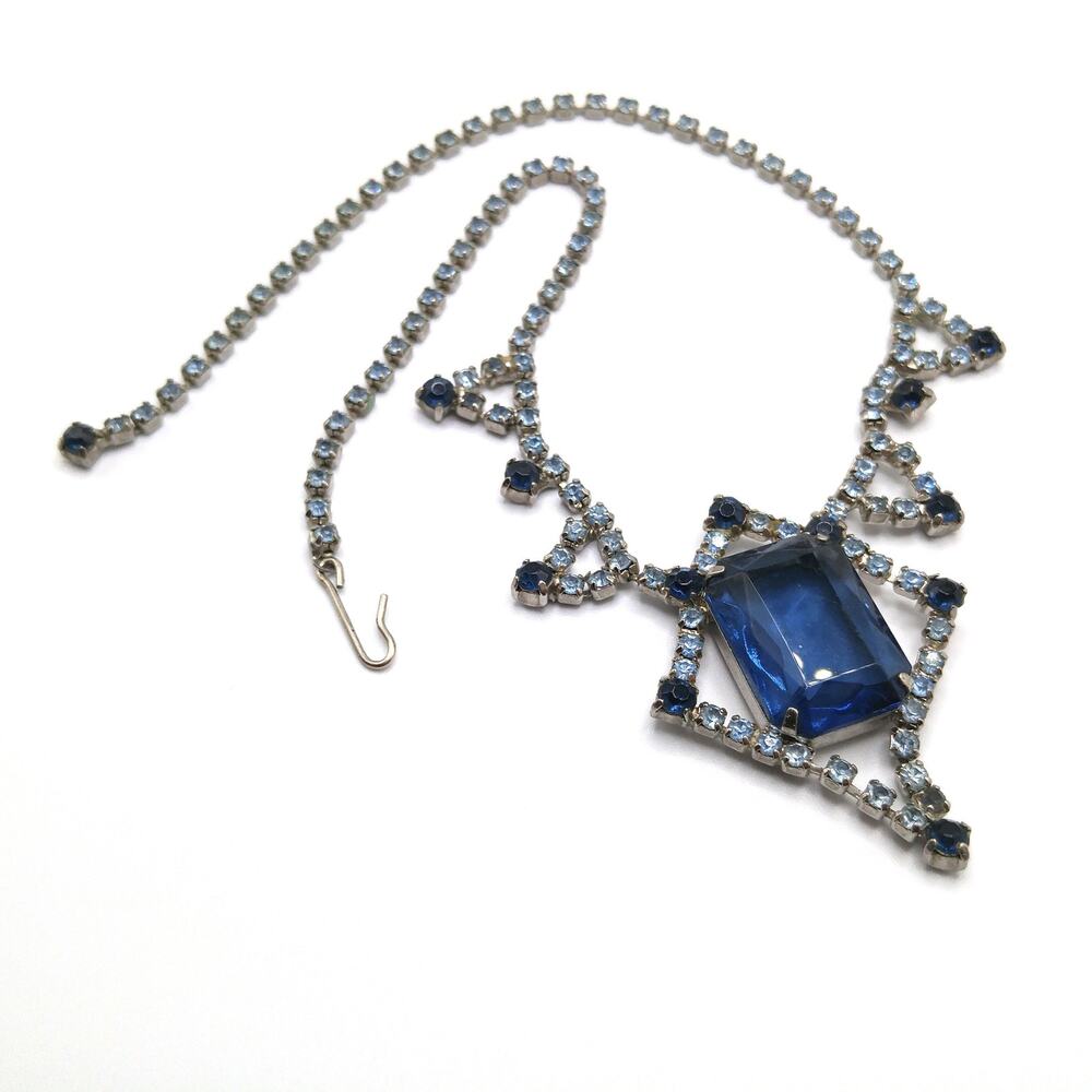 Mid-Century Blue Glass Pendant Necklace, Dark Light Blue Rhinestones, 1950s